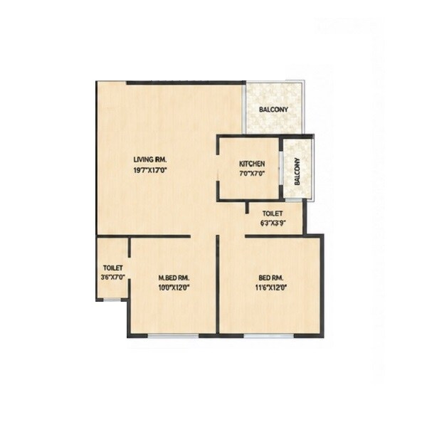 Floor plan of 2 BHK 523 Sq. Ft. Apartment in Omkar Vividha, Navi Mumbai