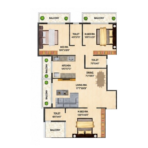 Floor plan of 3 BHK 721 Sq. Ft. Apartment in Omkar Vividha, Navi Mumbai