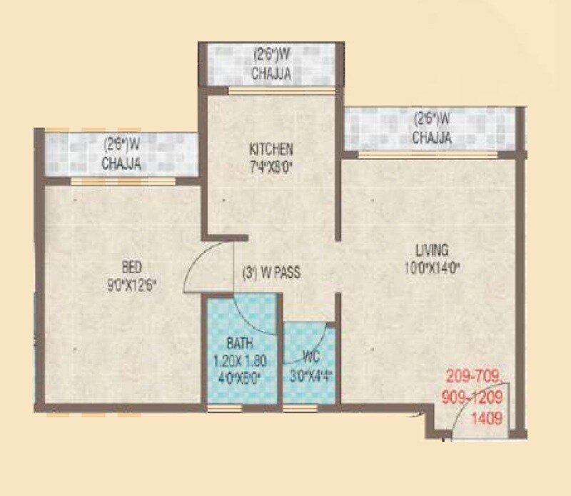 Floor plan of 1 BHK 388 Sq. Ft. Apartment in Omkara Pride, Navi Mumbai