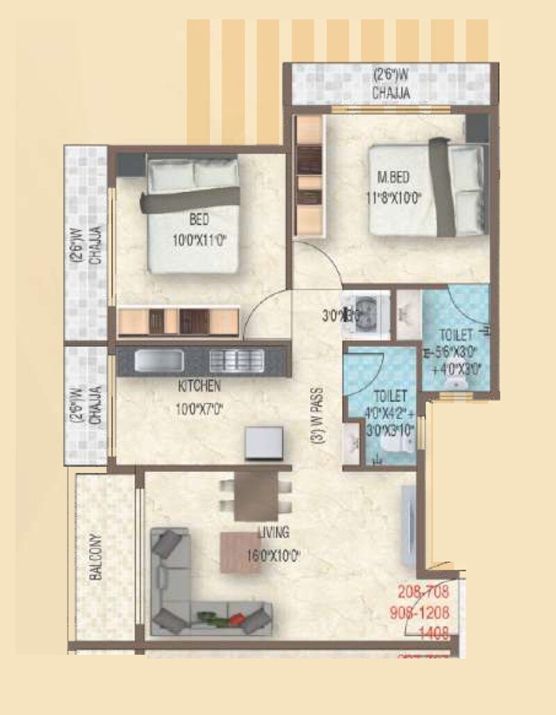 Floor plan of 2 BHK 594 Sq. Ft. Apartment in Omkara Pride, Navi Mumbai