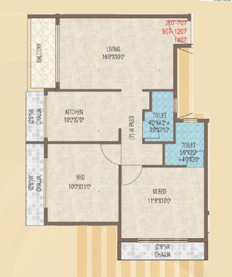 Floor plan of 2 BHK 683 Sq. Ft. Apartment in Omkara Pride, Navi Mumbai
