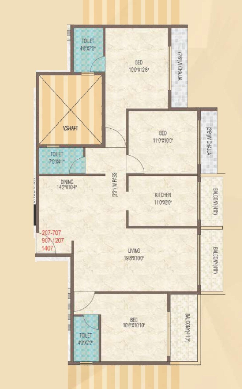 Floor plan of 3 BHK 1113 Sq. Ft. Apartment in Omkara Pride, Navi Mumbai