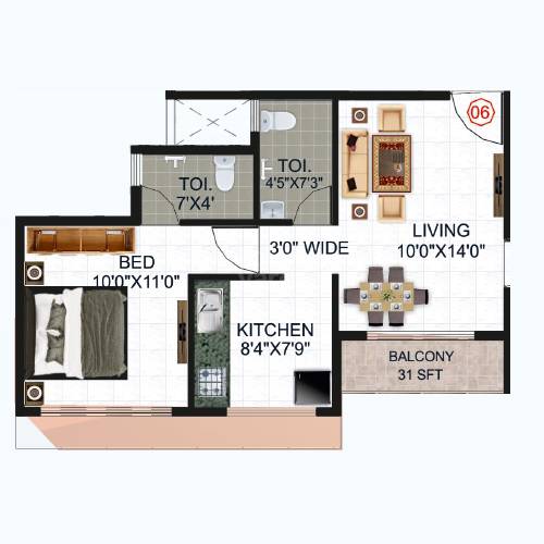 Floor plan of 1 BHK 374 Sq. Ft. Apartment in Omkara Vinayak, Navi Mumbai