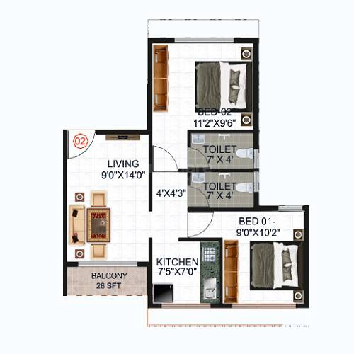Floor plan of 2 BHK 512 Sq. Ft. Apartment in Omkara Vinayak, Navi Mumbai