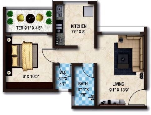 Floor plan of 1 BHK 354 Sq. Ft. Apartment in Omkaresh Swarn Jeevan Phase 2, Navi Mumbai
