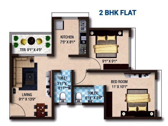 Floor plan of 2 BHK 493 Sq. Ft. Apartment in Omkaresh Swarn Jeevan Phase 2, Navi Mumbai