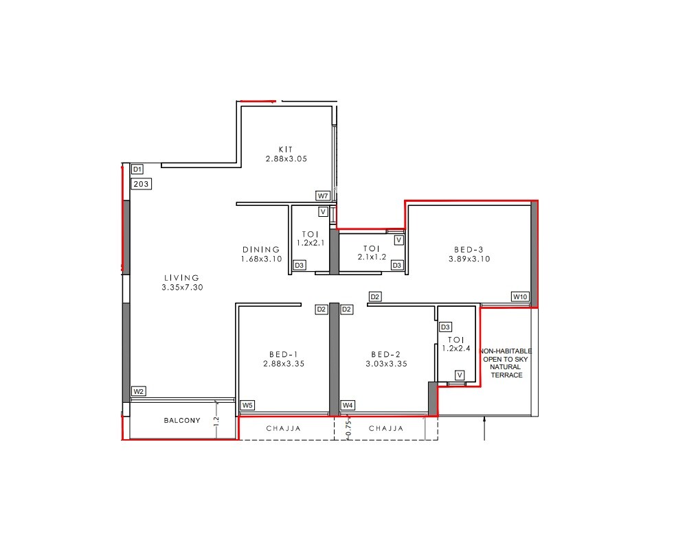 Floor plan of 3 BHK 920 Sq. Ft. Apartment in One Avenue, Navi Mumbai