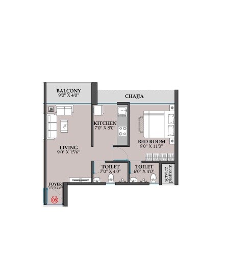 Floor plan of 1 BHK 483 Sq. Ft. Apartment in One Millennium, Navi Mumbai