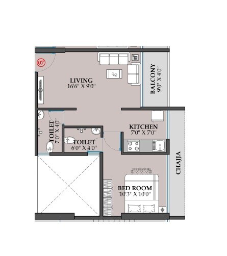 Floor plan of 1 BHK 489 Sq. Ft. Apartment in One Millennium, Navi Mumbai