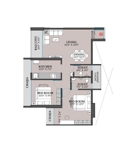 Floor plan of 2 BHK 660 Sq. Ft. Apartment in One Millennium, Navi Mumbai
