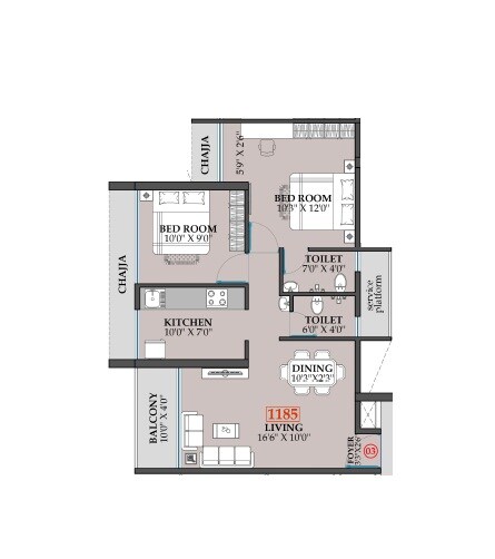 Floor plan of 2 BHK 672 Sq. Ft. Apartment in One Millennium, Navi Mumbai