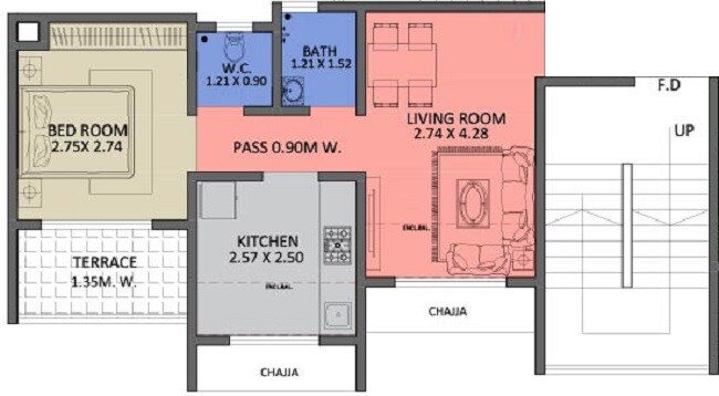 Floor plan of 1 BHK 315 Sq. Ft. Apartment in Onearth One Kiyo Phase 1, Navi Mumbai