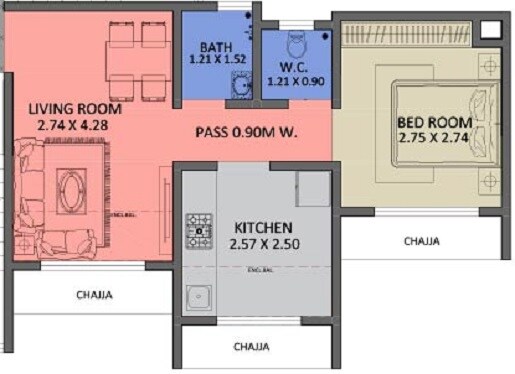 Floor plan of 1 BHK 320 Sq. Ft. Apartment in Onearth One Kiyo Phase 1, Navi Mumbai