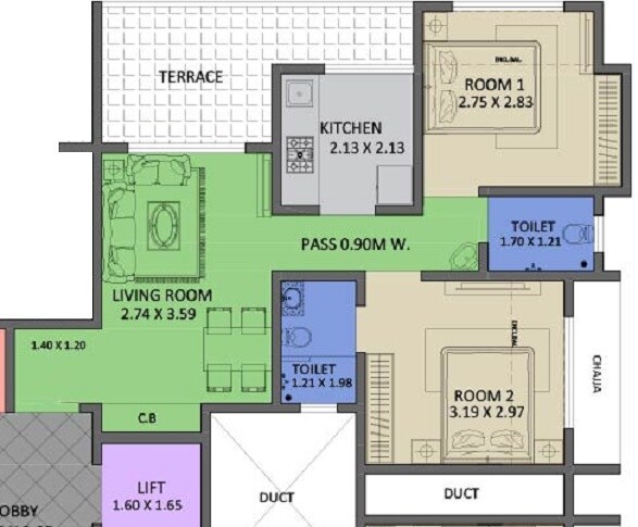 Floor plan of 2 BHK 465 Sq. Ft. Apartment in Onearth One Kiyo Phase 1, Navi Mumbai