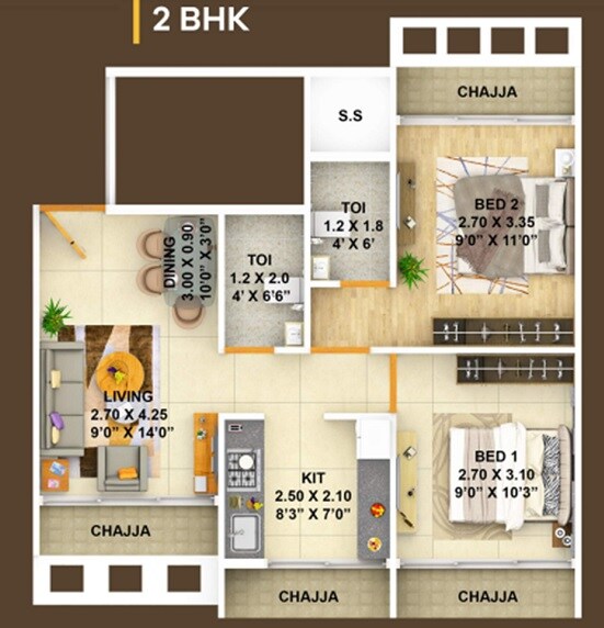 Floor plan of 2 BHK 421 Sq. Ft. Apartment in Oscar Om Regency, Navi Mumbai