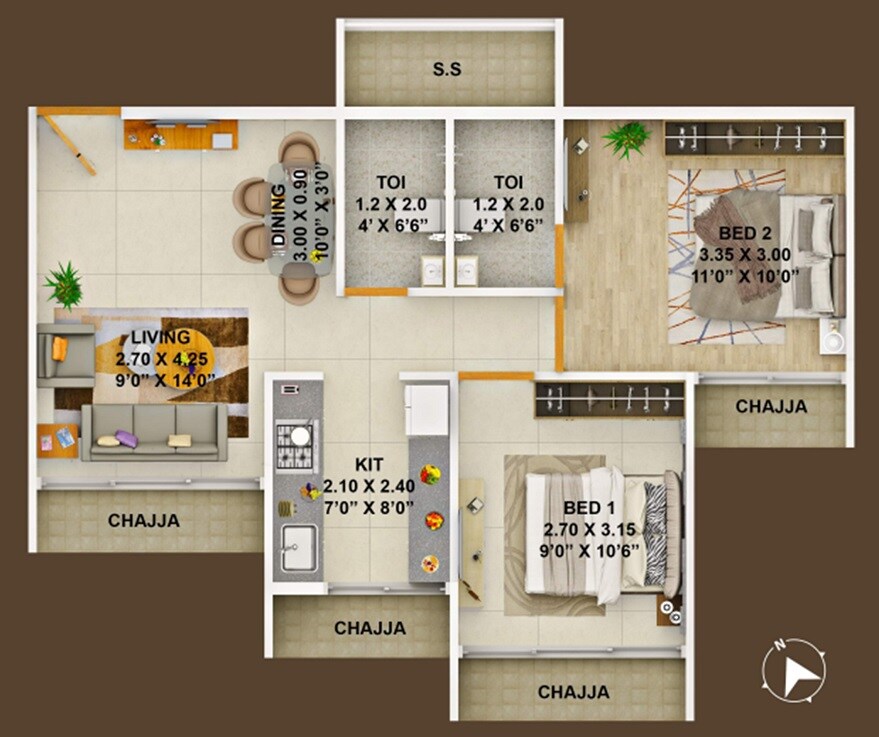 Floor plan of 2 BHK 445 Sq. Ft. Apartment in Oscar Om Regency, Navi Mumbai