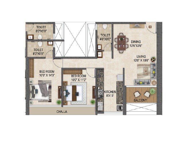 Floor plan of 2 BHK 684 Sq. Ft. Apartment in Pacific One Pyramid, Navi Mumbai