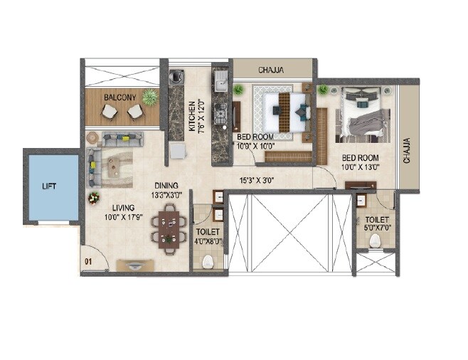 Floor plan of 2 BHK 758 Sq. Ft. Apartment in Pacific One Pyramid, Navi Mumbai
