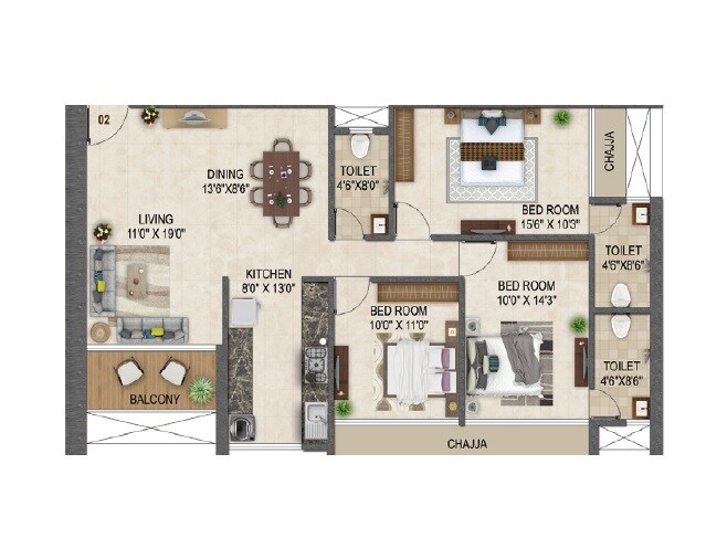 Floor plan of 3 BHK 1023 Sq. Ft. Apartment in Pacific One Pyramid, Navi Mumbai