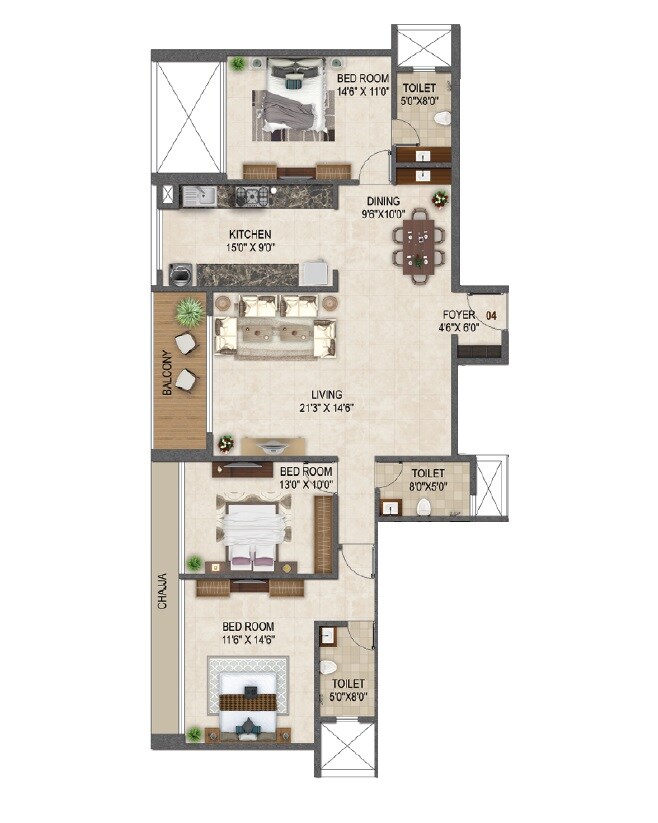 Floor plan of 3 BHK 1260 Sq. Ft. Apartment in Pacific One Pyramid, Navi Mumbai