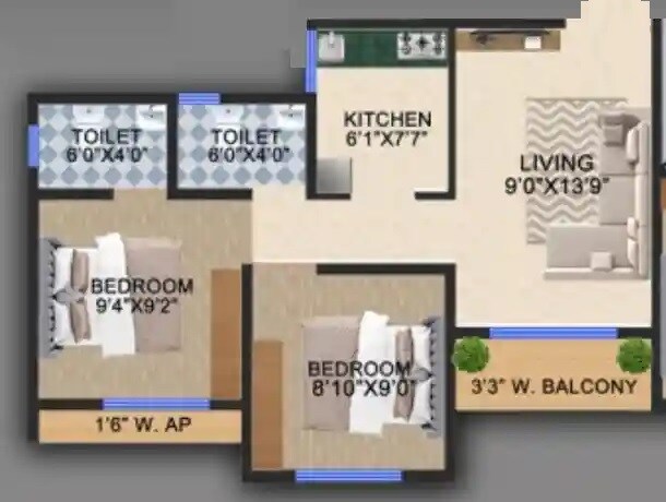 Floor plan of 2 BHK 437 Sq. Ft. Apartment in Palak Florence Landmark, Navi Mumbai