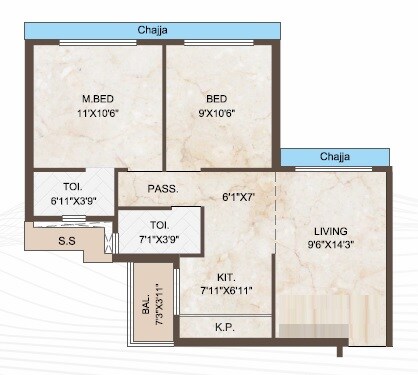 Floor plan of 2 BHK 538 Sq. Ft. Apartment in Palm Season Square, Navi Mumbai