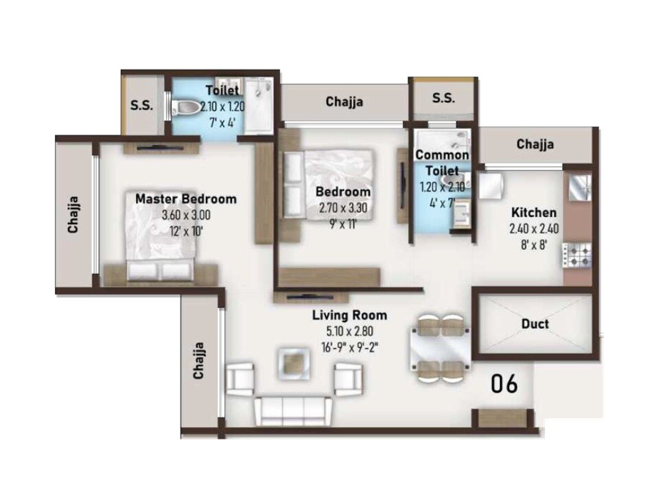 Floor plan of 2 BHK 454 Sq. Ft. Apartment in Panchsheel Ananta Residency, Navi Mumbai