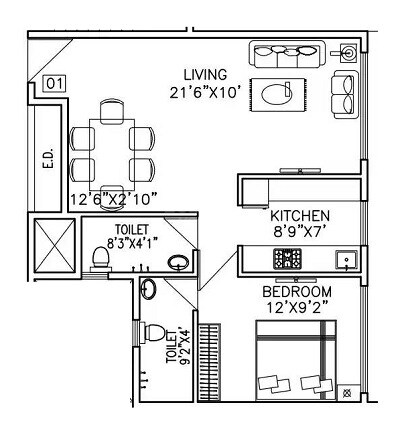 Floor plan of 1 BHK 533 Sq. Ft. Apartment in Pandurang Vaastu, Navi Mumbai