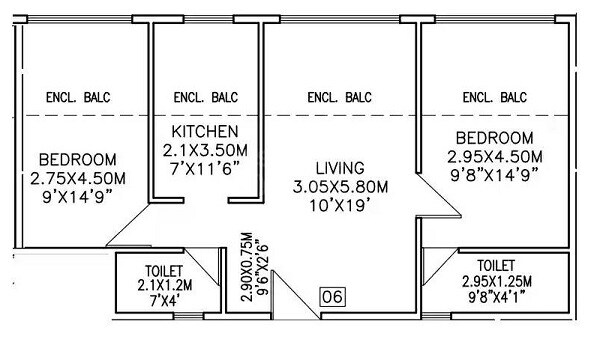 Floor plan of 2 BHK 780 Sq. Ft. Apartment in Pandurang Vaastu, Navi Mumbai