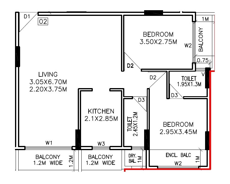 Floor plan of 2 BHK 720 Sq. Ft. Apartment in Pandurang Vaastu, Navi Mumbai