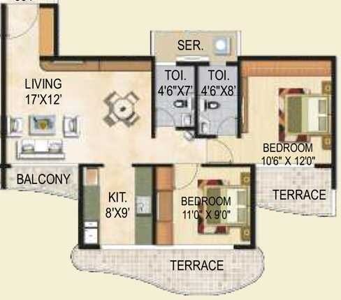 Floor plan of 2 BHK Apartment - 1175 sq. ft. in Paradise  Sai Crystals, Navi Mumbai