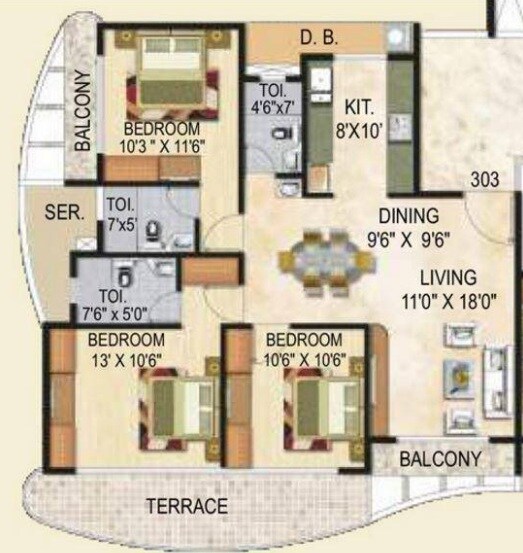 Floor plan of 3 BHK Apartment - 2475 sq. ft. in Paradise  Sai Crystals, Navi Mumbai