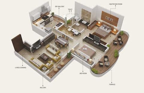 Floor plan of 2 BHK 1230 Sq. Ft. Apartment in Paradise Sai Mannat, Navi Mumbai