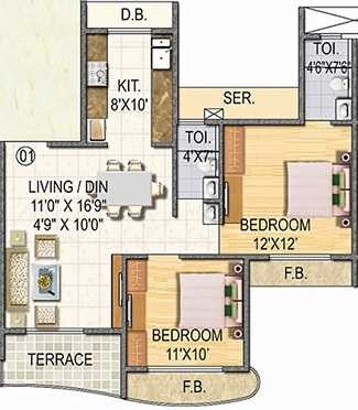 Floor plan of 2 BHK 1265 Sq. Ft. Apartment in Paradise  Sai Miracle, Navi Mumbai