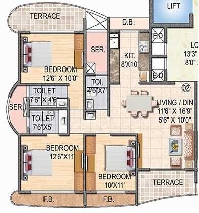 Floor plan of 3 BHK 3125 Sq. Ft. Apartment in Paradise  Sai Miracle, Navi Mumbai