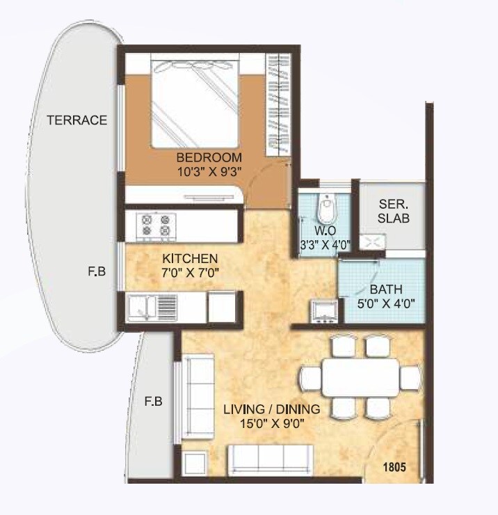 Floor plan of 1 BHK 690 Sq. Ft. Apartment in Paradise  Sai Wonder, Navi Mumbai
