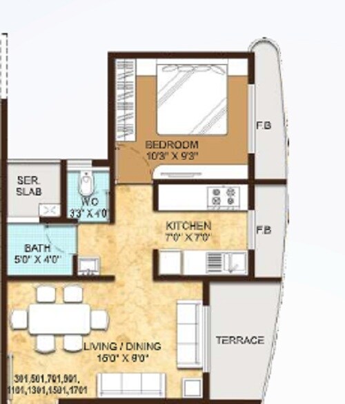Floor plan of 1 BHK 735 Sq. Ft. Apartment in Paradise  Sai Wonder, Navi Mumbai