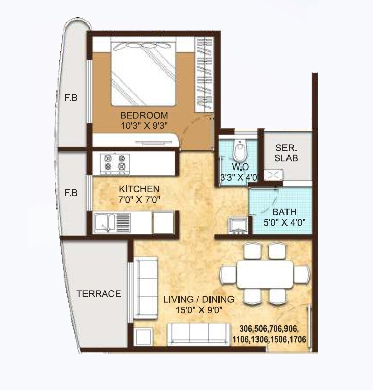 Floor plan of 1 BHK 840 Sq. Ft. Apartment in Paradise  Sai Wonder, Navi Mumbai