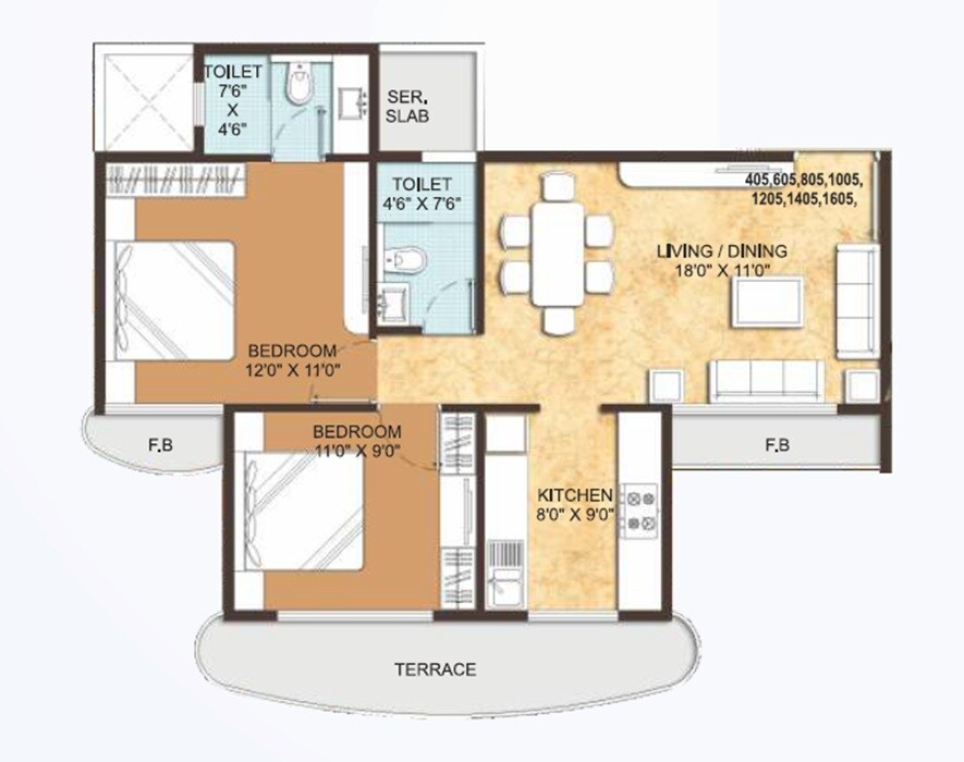 Floor plan of 2 BHK 1115 Sq. Ft. Apartment in Paradise  Sai Wonder, Navi Mumbai