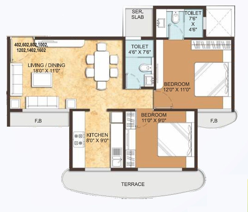Floor plan of 2 BHK 1120 Sq. Ft. Apartment in Paradise  Sai Wonder, Navi Mumbai