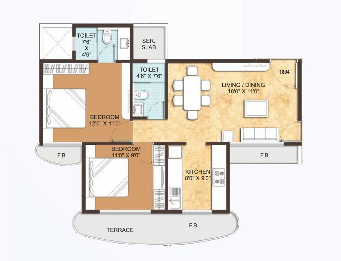 Floor plan of 2 BHK 1390 Sq. Ft. Apartment in Paradise  Sai Wonder, Navi Mumbai