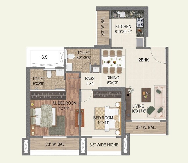 Floor plan of 2 BHK 878 Sq. Ft. Apartment in Paradise Lifespaces Sai World City, Navi Mumbai
