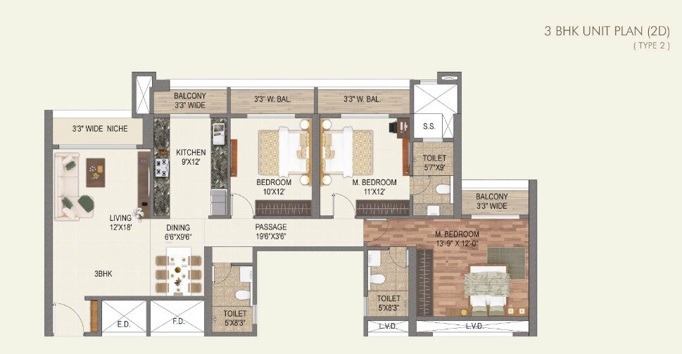 Floor plan of 3 BHK 1373 Sq. Ft. Apartment in Paradise Lifespaces Sai World City, Navi Mumbai