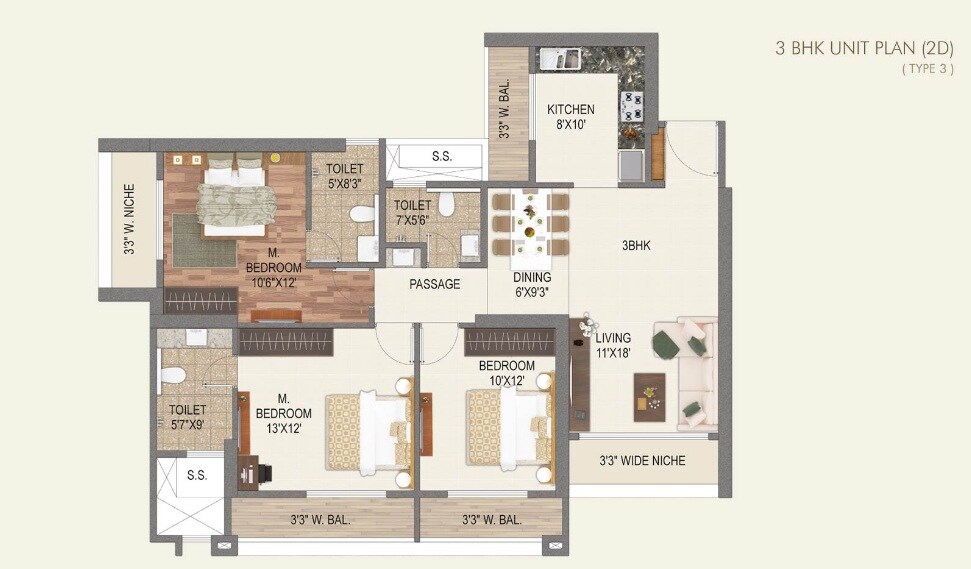 Floor plan of 3 BHK 1153 Sq. Ft. Apartment in Paradise Lifespaces Sai World City, Navi Mumbai