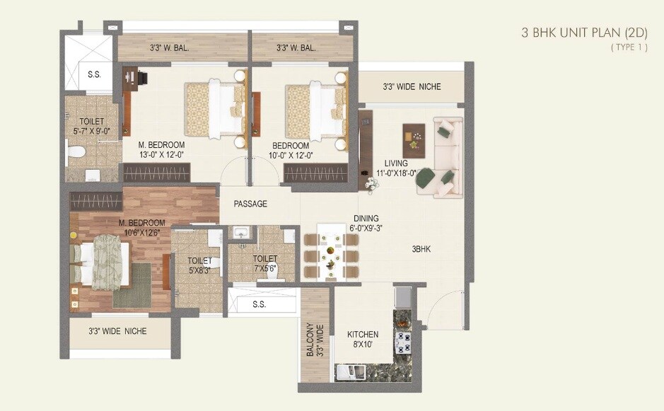 Floor plan of 3 BHK 1190 Sq. Ft. Apartment in Paradise Lifespaces Sai World City, Navi Mumbai