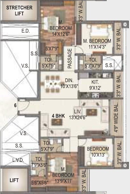 Floor plan of 4 BHK 1911 Sq. Ft. Apartment in Paradise Lifespaces Sai World City, Navi Mumbai