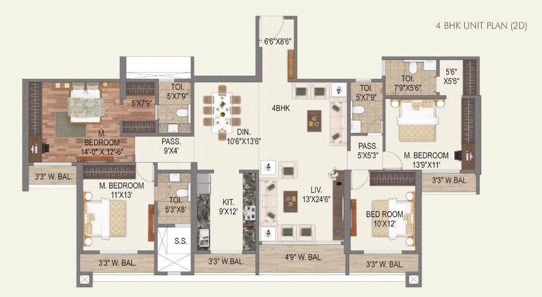 Floor plan of 4 BHK 1920 Sq. Ft. Apartment in Paradise Lifespaces Sai World City, Navi Mumbai