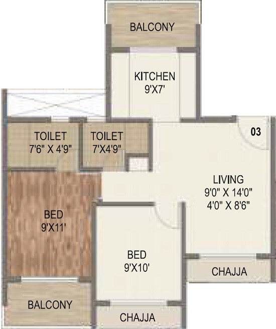 Floor plan of 2 BHK 618 Sq. Ft. Apartment in Paradise Sai Icon, Navi Mumbai