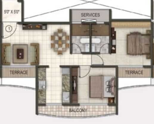 Floor plan of 2 BHK 1115 Sq. Ft. Apartment in Paradise Sai Riverdale, Navi Mumbai