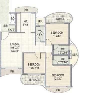 Floor plan of 3 BHK 1610 Sq. Ft. Apartment in Paradise Sai Spring, Navi Mumbai